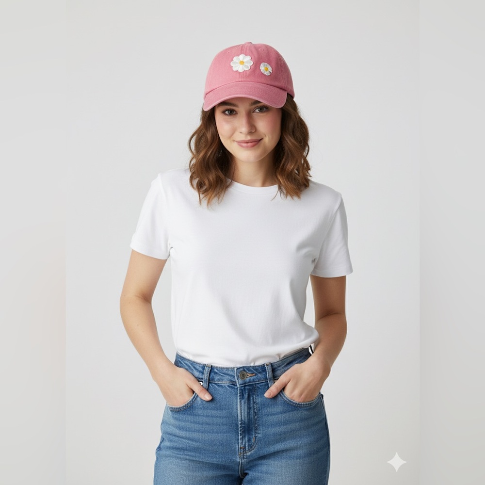 Pink Baseball Cap with Daisy Embroidery Patches